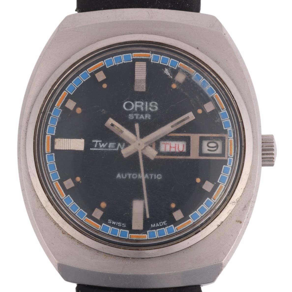 ORIS - a Vintage stainless steel Star Twen automatic calendar wristwatch, circa 1970s, blue dial
