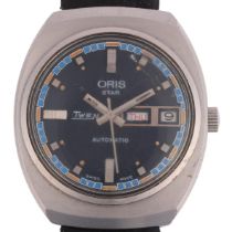 ORIS - a Vintage stainless steel Star Twen automatic calendar wristwatch, circa 1970s, blue dial