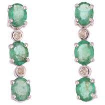 A pair of emerald and diamond line drop earrings, set with oval mixed-cut emeralds and single-cut