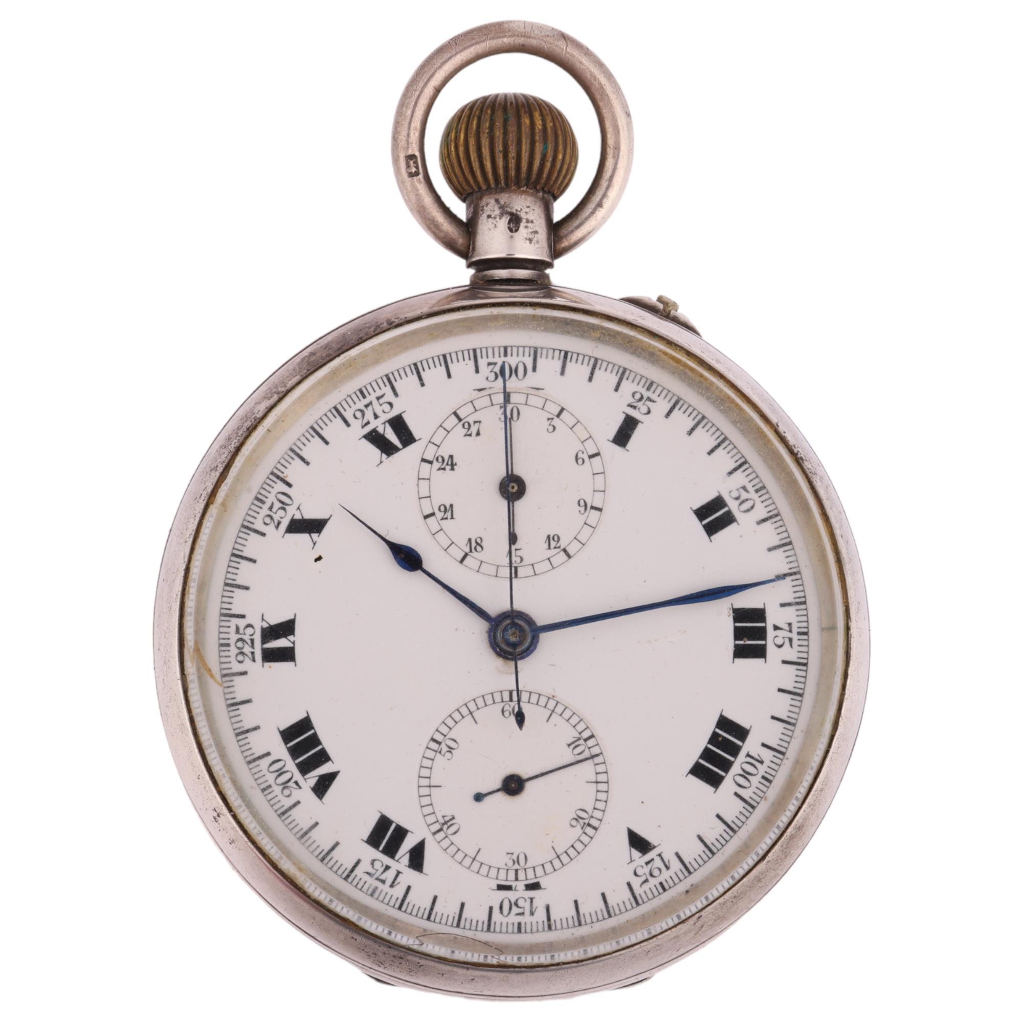 An early 20th century silver-cased open-face keyless chronograph pocket watch, white enamel dial