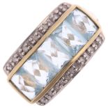 A modern blue topaz and diamond half hoop ring, in unmarked 9ct gold, setting height 10.8mm, size