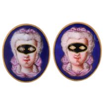 A pair of Antique French masquerade dress studs, maker HR BTF, oval panels with hand painted enamel,