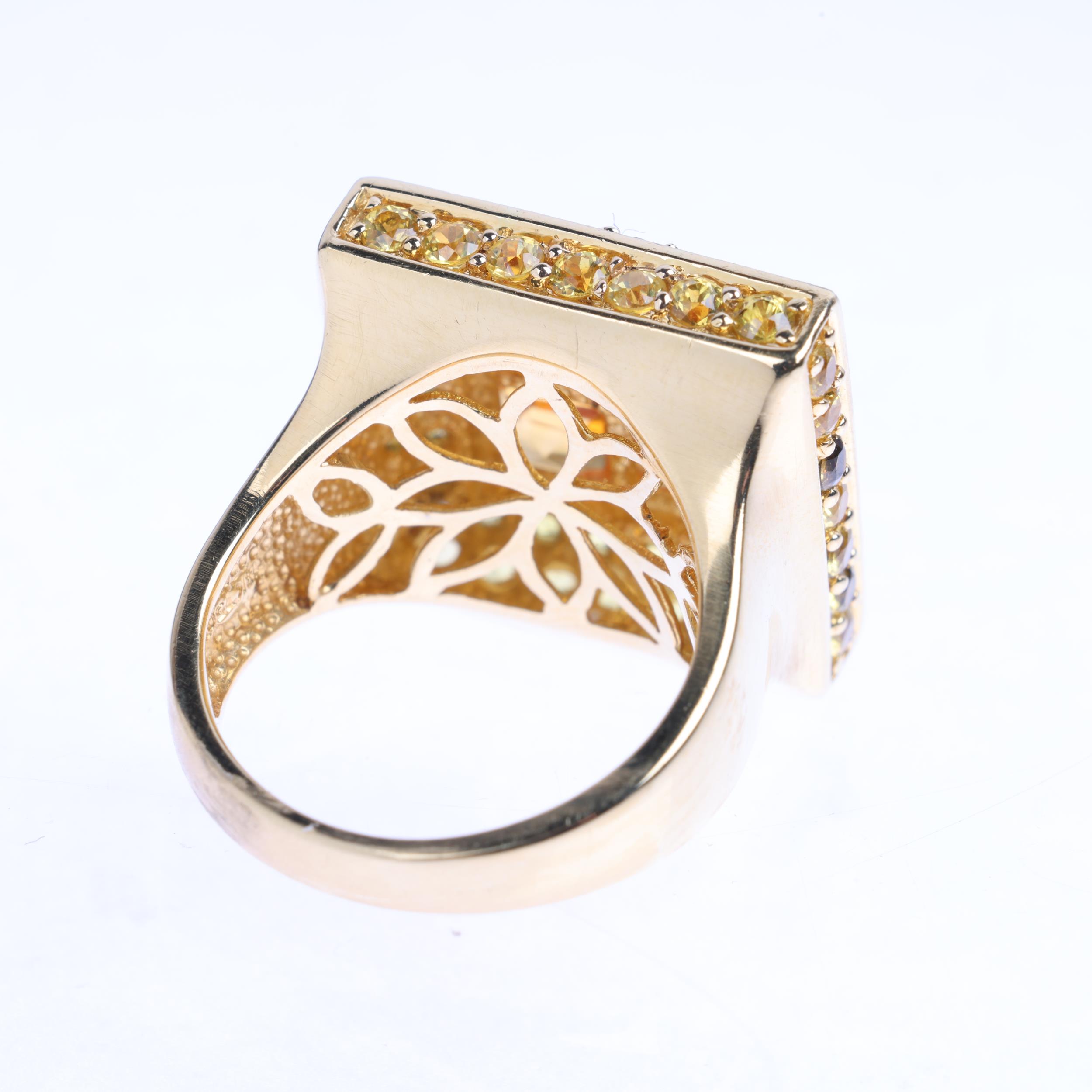 A large 18ct gold citrine yellow sapphire and diamond cluster panel ring, maker DC, London 2011, set - Image 3 of 4