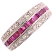 An Art Deco ruby and diamond triple-row half eternity ring, circa 1925, channel and pave set with