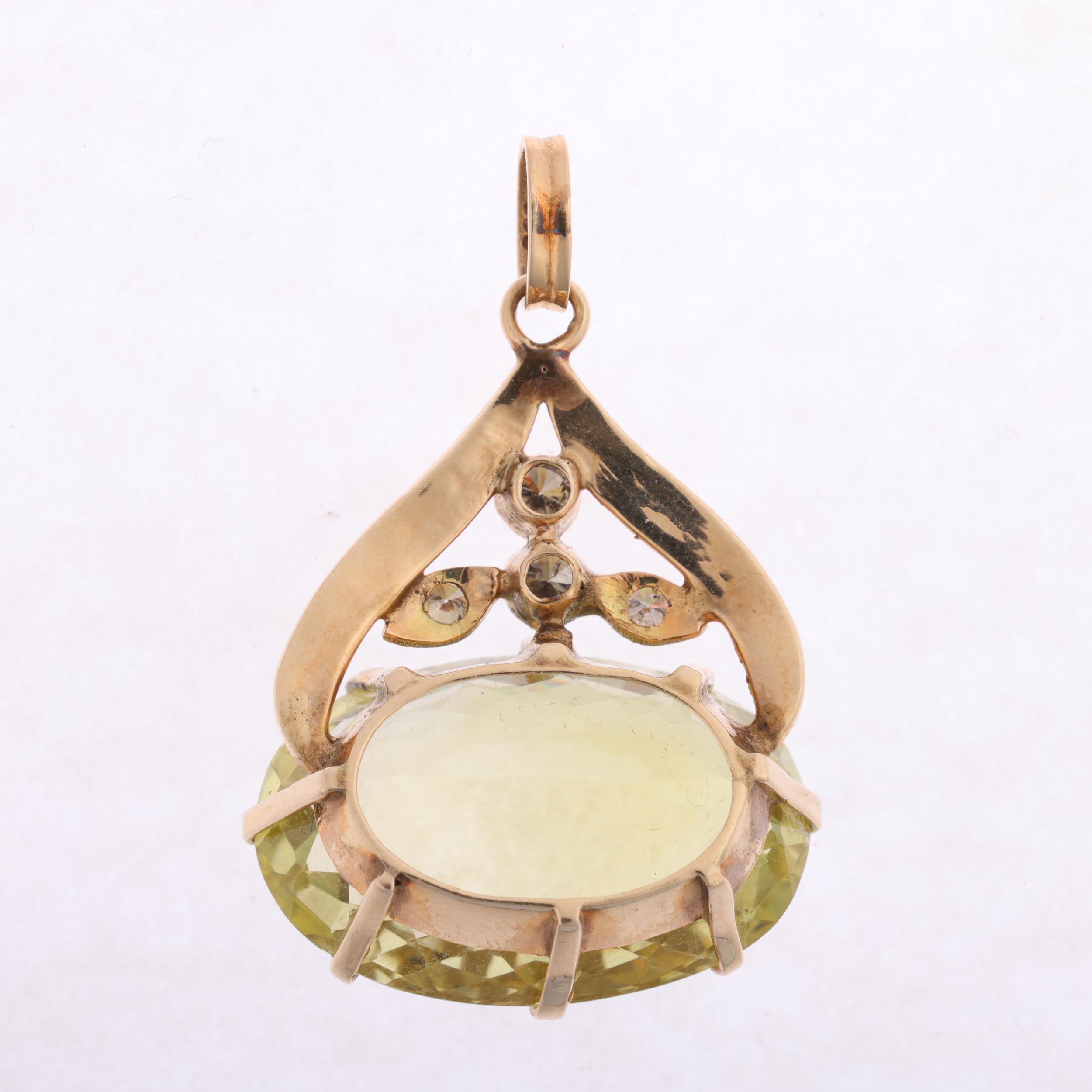 A 14ct gold lemon quartz and diamond pendant, claw set with oval rose-cut lemon quartz and modern - Image 3 of 4