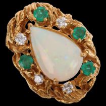 A 1970s 14ct gold opal emerald and diamond naturalistic nest ring, set with pear cabochon opal,