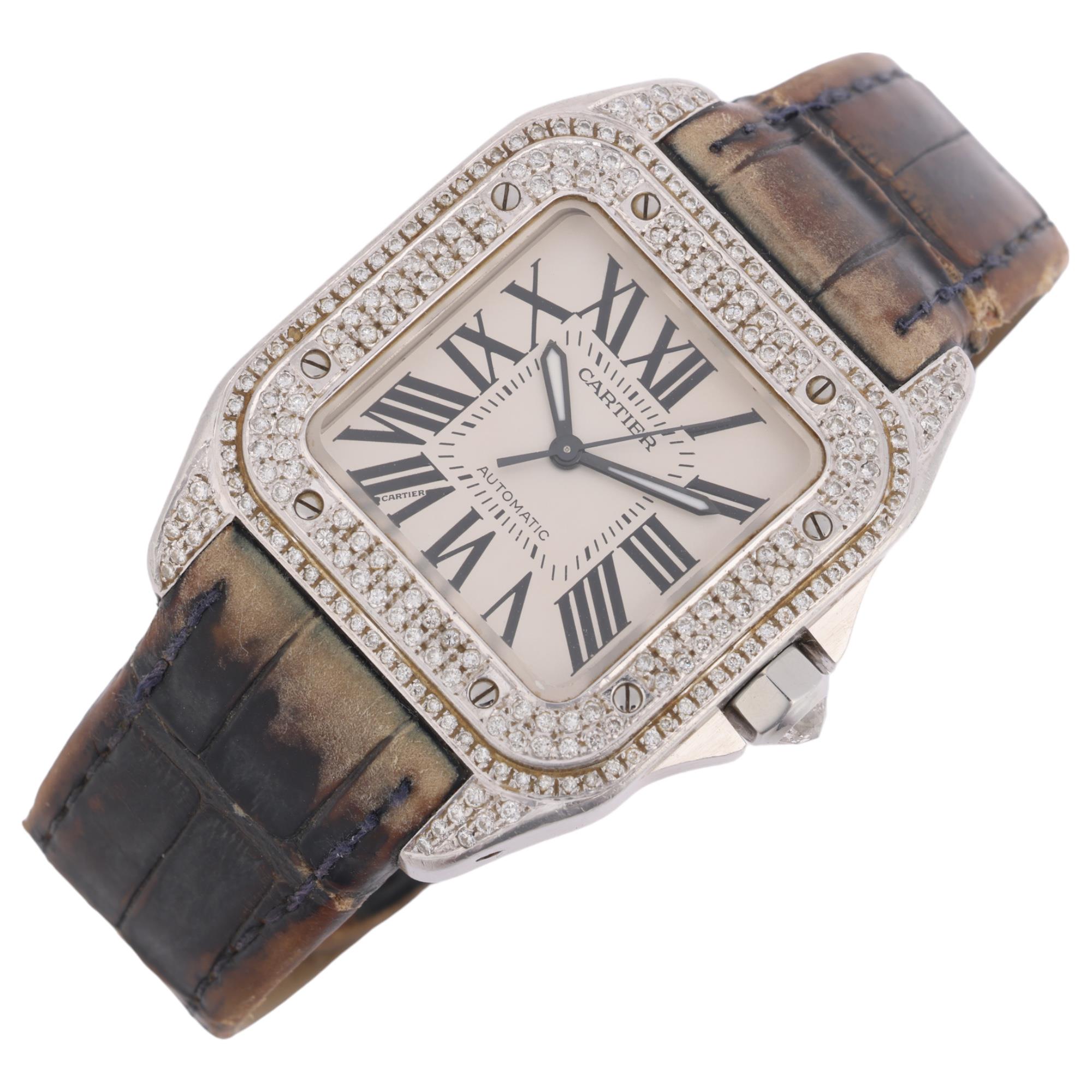 CARTIER - a stainless steel and diamond Santos 100 automatic wristwatch, ref. 2878, silvered dial - Image 2 of 5