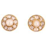 A pair of 19th whole pearl and diamond cluster earrings, set with 3.6mm pearls surrounded by rose-