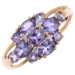 A 9ct gold tanzanite and diamond cluster ring, setting height 9.1mm, size N, 2.3g Condition