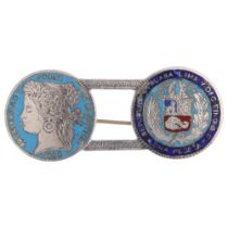 A 19th century Peruvian Civil War Period silver and enamel coin brooch, Una Peseta, 1880, 54.5mm,