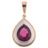 A large 18ct two-colour gold pink tourmaline drop pendant, rub-over set with pear-cut tourmaline,