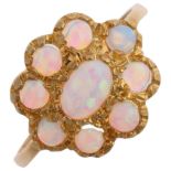 A modern silver-gilt synthetic opal cluster ring, in the Victorian style, setting height 13.5mm,