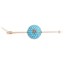 A Victorian turquoise and diamond bombe bar brooch, pave set with round cabochon turquoise and