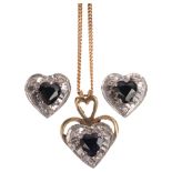 A 9ct gold sapphire and diamond heart pendant necklace and earring set, pendant 14.3mm, chain