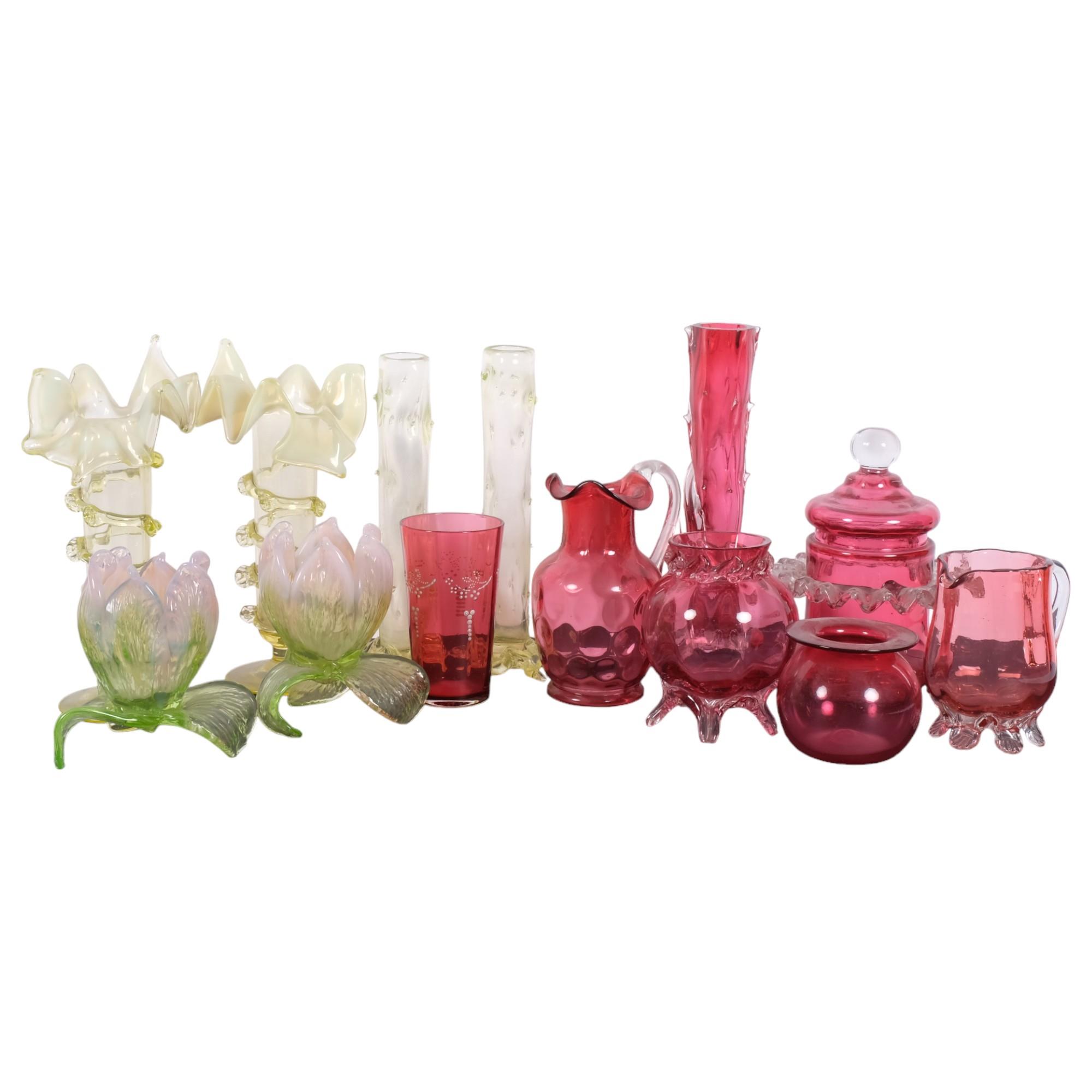 2 pairs of uranium glass vases, tallest 19cm, and a group of cranberry glass items, including