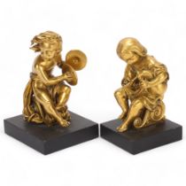 Pair of 19th century gilt-bronze musical putti sculptures, unsigned, on black marble plinths, height