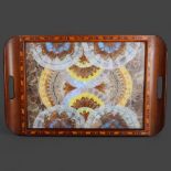 Lepidopterology - a vintage teak and marquetry inlaid butterfly wing tray, with glazed top, 34cm x