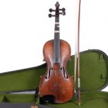 An Antique half-size violin, no maker's labels, with associated bow in hardshell case, violin body