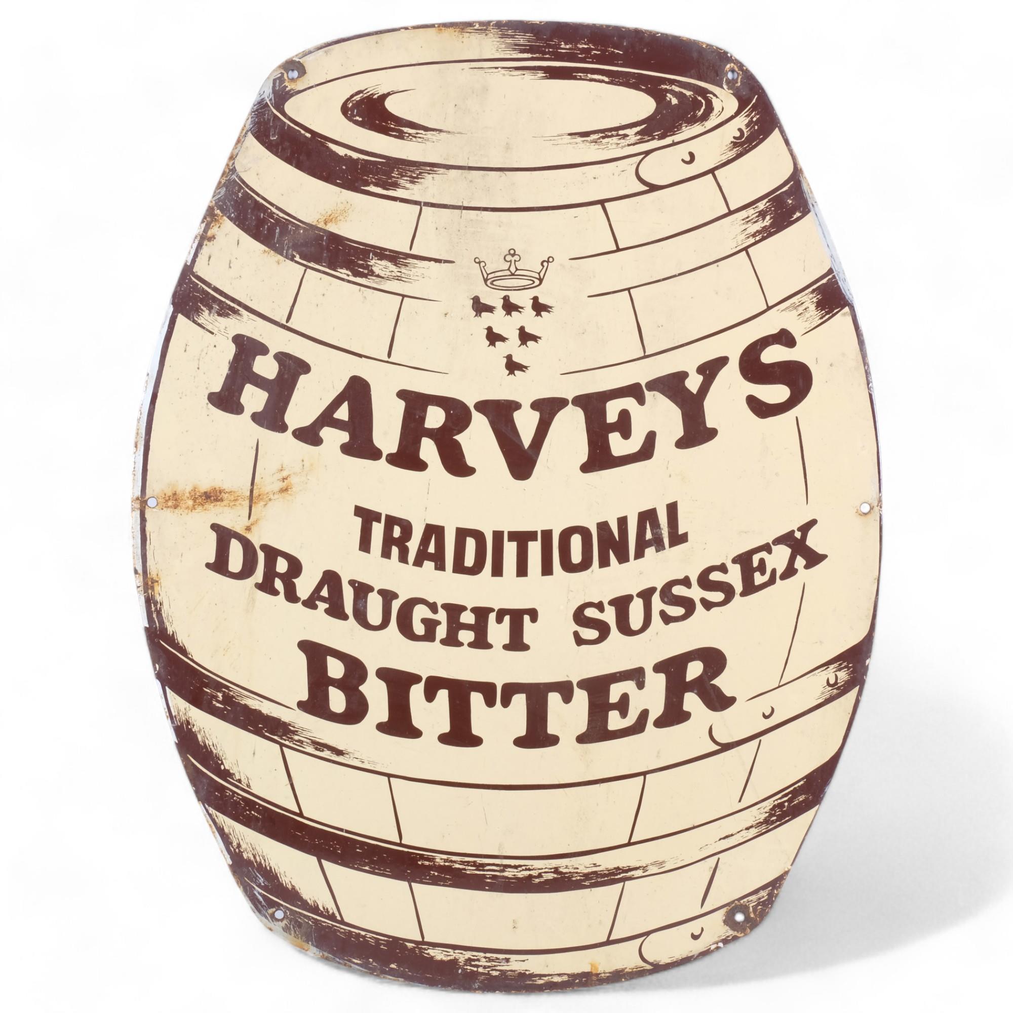 An enamelled advertising sign in the form of a coopered barrel for Harveys Traditional Draft