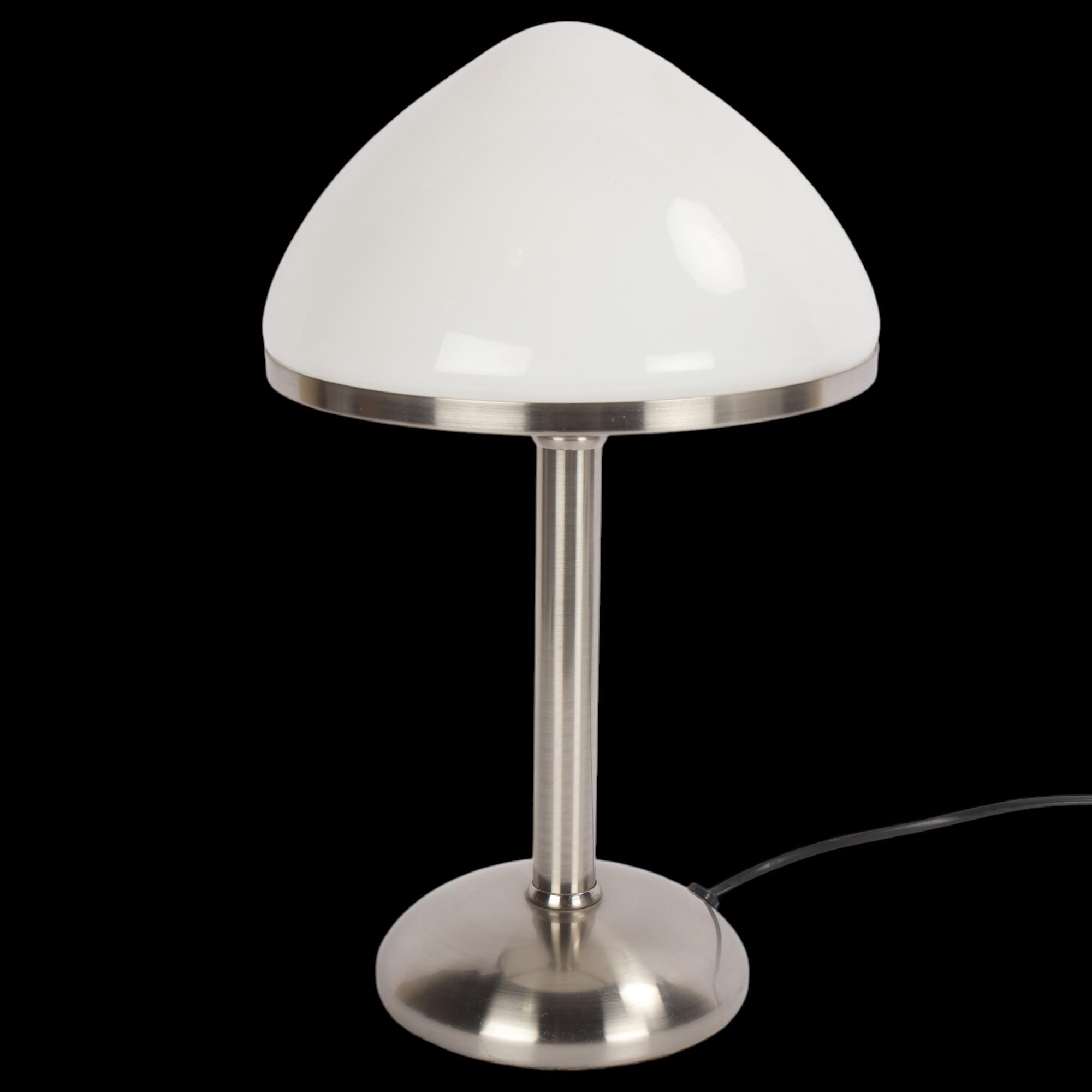 A contemporary table lamp, with white glass shade on brushed steel base, no makers mark, height 38cm