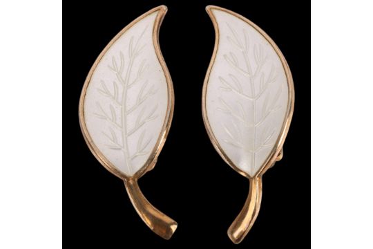 MEKA - a pair of Danish modernist sterling silver-gilt white enamel leaf clip-on earrings, 32mm, 5. - Image 1 of 3