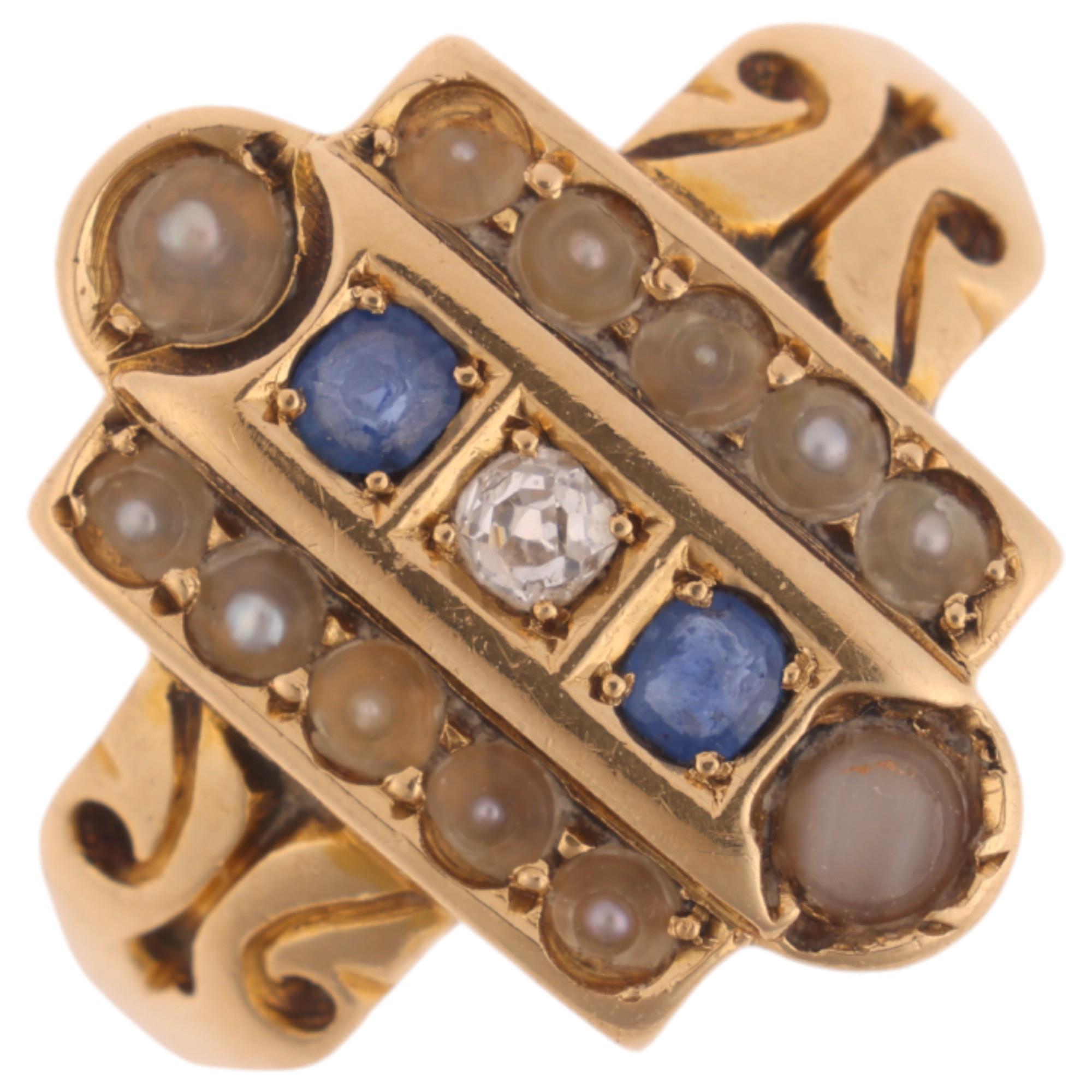 An Antique 18ct gold sapphire pearl and diamond plaque ring, circa 1900, the shaped rectangular