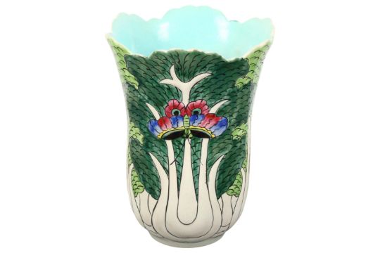 A Chinese cabbage butterfly vase with shaped edge, H16cm Some visible crazing, surface scratches and - Image 1 of 2