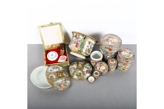 A Chinese famille rose Canton oval dish and cover, a pot and cover, a cased seal set, and a set of - Image 2 of 2