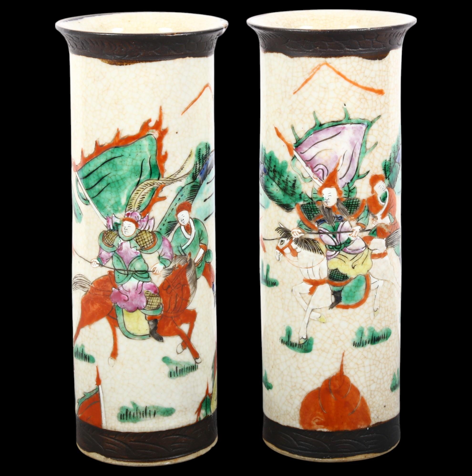 A pair of Chinese crackle glaze sleeve vases, with enamelled warrior decoration and character mark