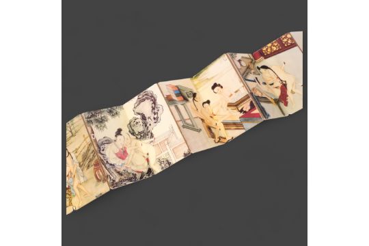 Erotica / Erotic Art: Chinese Shunga. A folding pillow book which when unfolded depicts five - Image 1 of 5