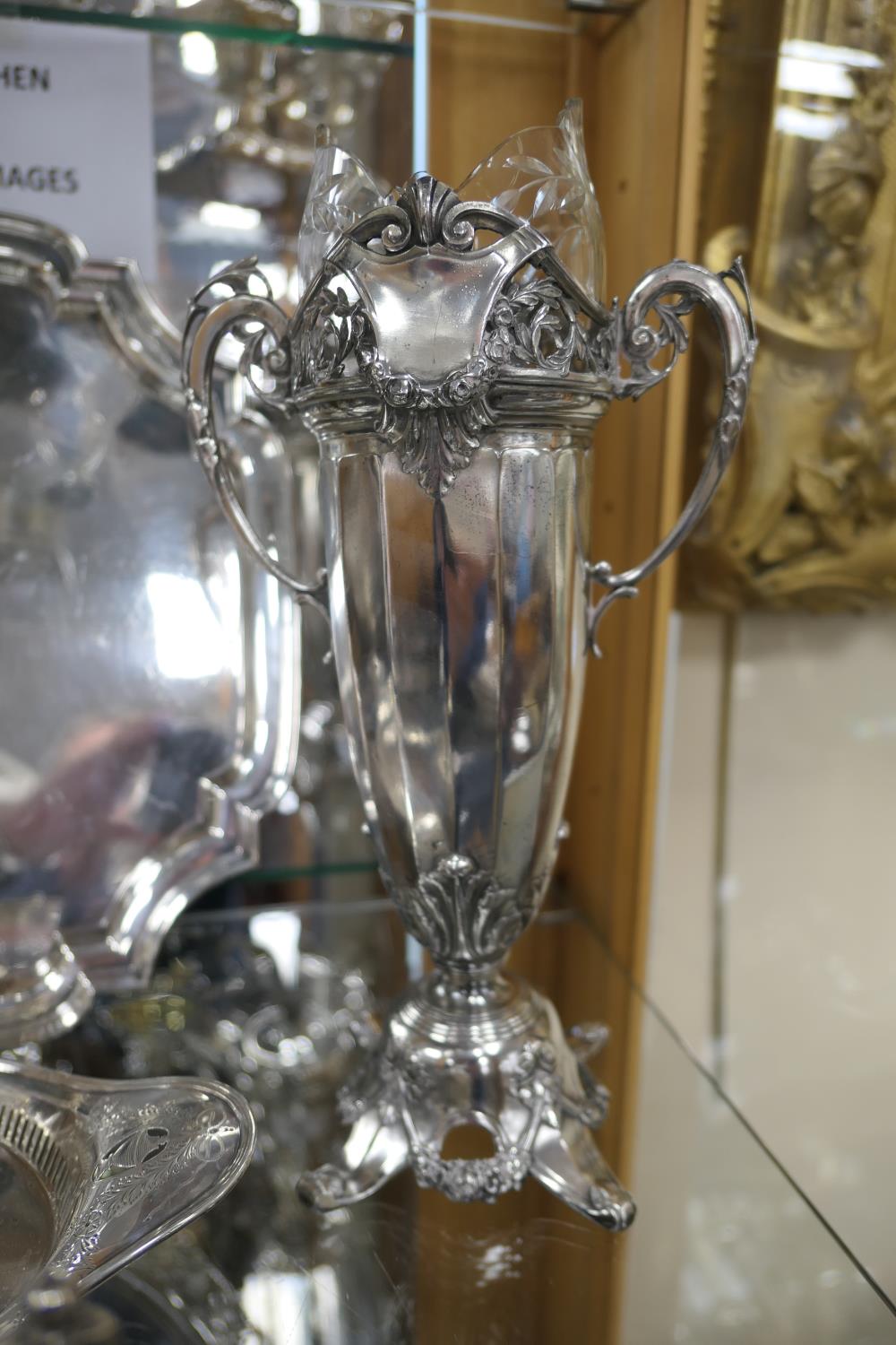 Pair of Kaiser silver plated vases, circa 1910, each having a cut and shaped glass liner, with - Image 3 of 7