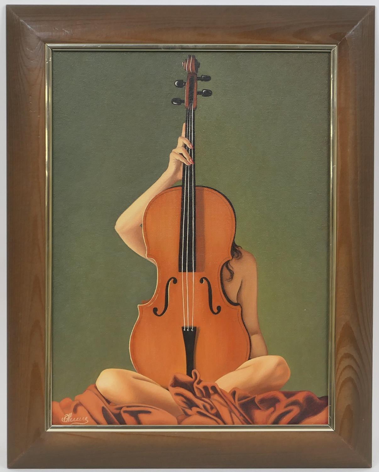 Russian School (Contemporary), The Cellist, oil on canvas, signed, titled verso, 40cm x 30cm (Please