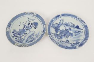 Two Chinese blue and white plates, one decorated with chrysanthemum, the other with a figure