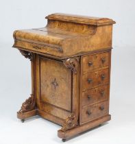 Victorian burr walnut and inlaid harlequin davenport, having a pull up stationery compartment (