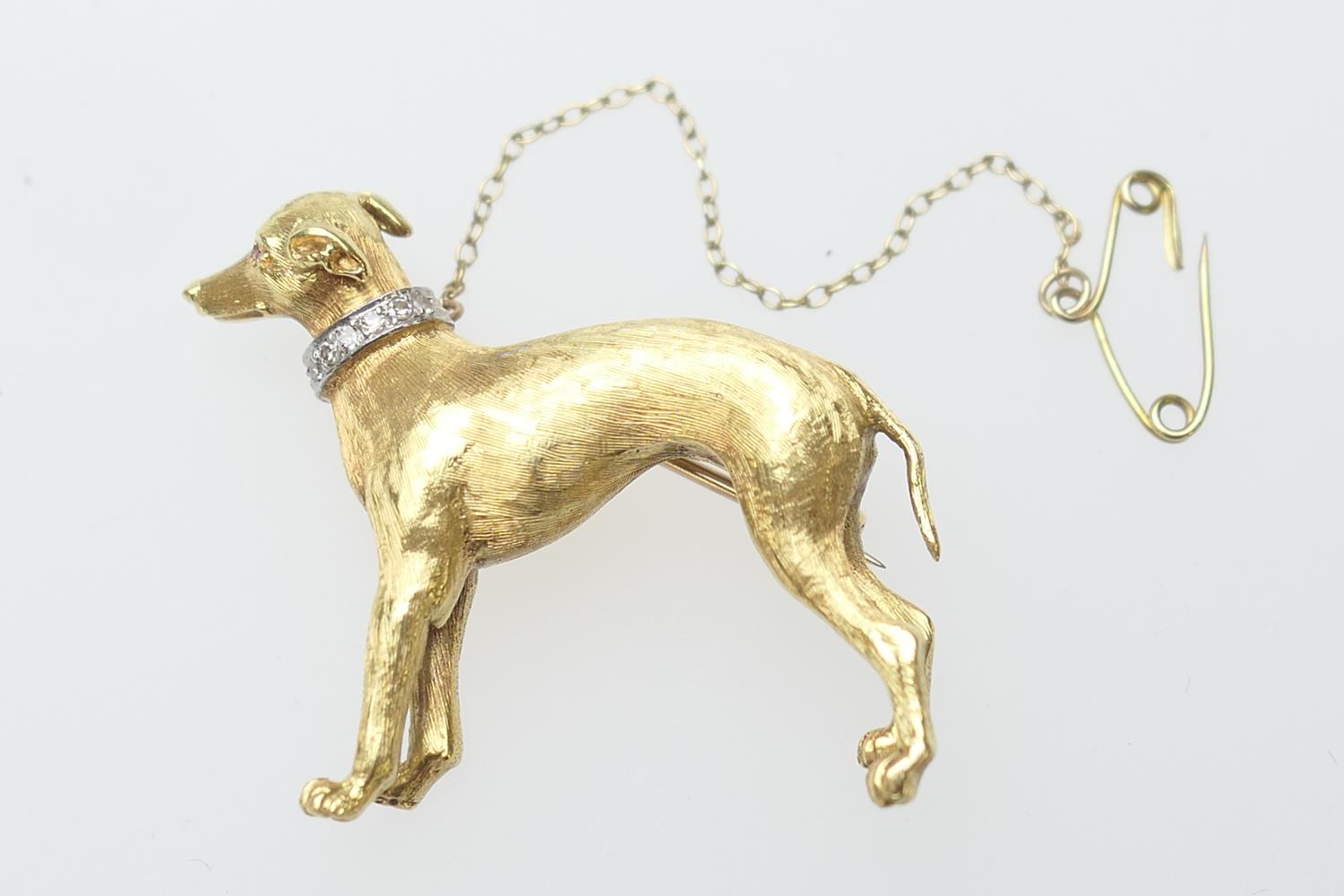 18ct gold and diamond lurcher brooch, textured finish, the collar set with tiny round cut