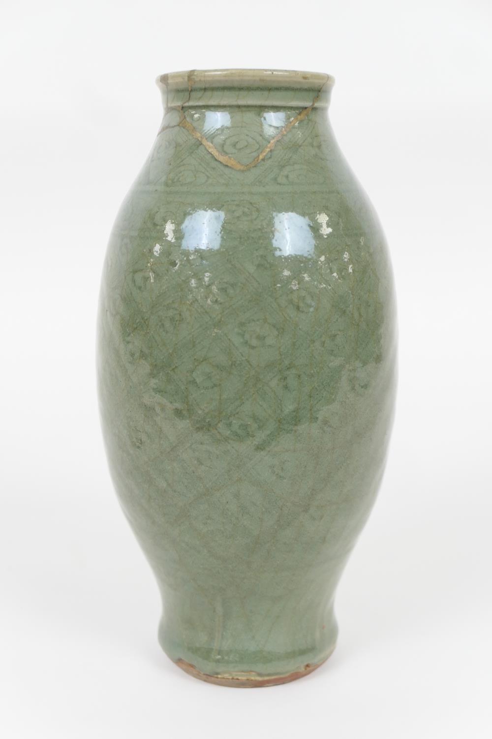 Chinese celadon vase, Ming Dynasty (1368-1644), ovoid form with carved lingzhi and trellis design