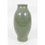 Chinese celadon vase, Ming Dynasty (1368-1644), ovoid form with carved lingzhi and trellis design