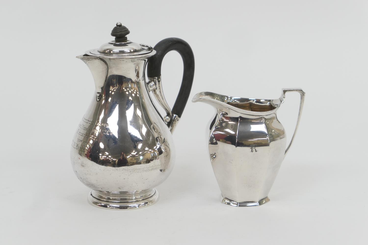 Late Victorian silver hot water jug, London 1899, baluster form and with presentation inscription