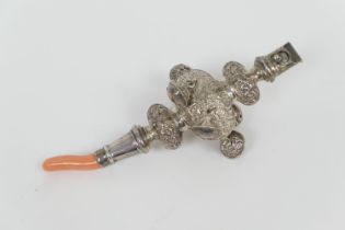 Edwardian baby's silver rattle, by Hilliard and Thomason, Birmingham 1901, with whistle