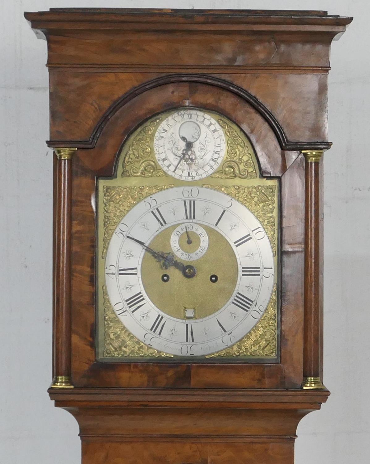 John Greaves, Newcastle, walnut eight day longcase clock, mid 18th Century, the hood with cavetto