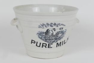 Victorian transfer printed dairy bowl 'Pure Milk' by Berry & Warmington, Liverpool (cracked) (Please