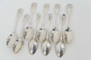 Seven George IV silver fiddle pattern dessert spoons, maker W B, London 1829; and two further silver