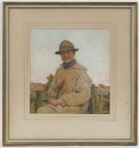 Clara Knight (b. 1861 - ?), Cornish farmer at a stile, watercolour and bodycolour, signed, 27cm x