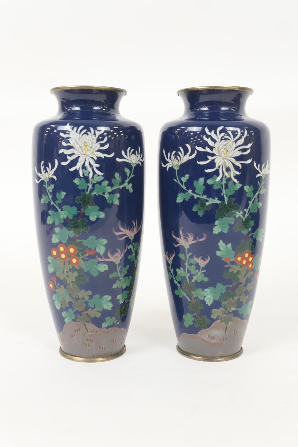 Pair of Japanese cloisonne vases, Meiji (1868-1912), shouldered ovoid form decorated with