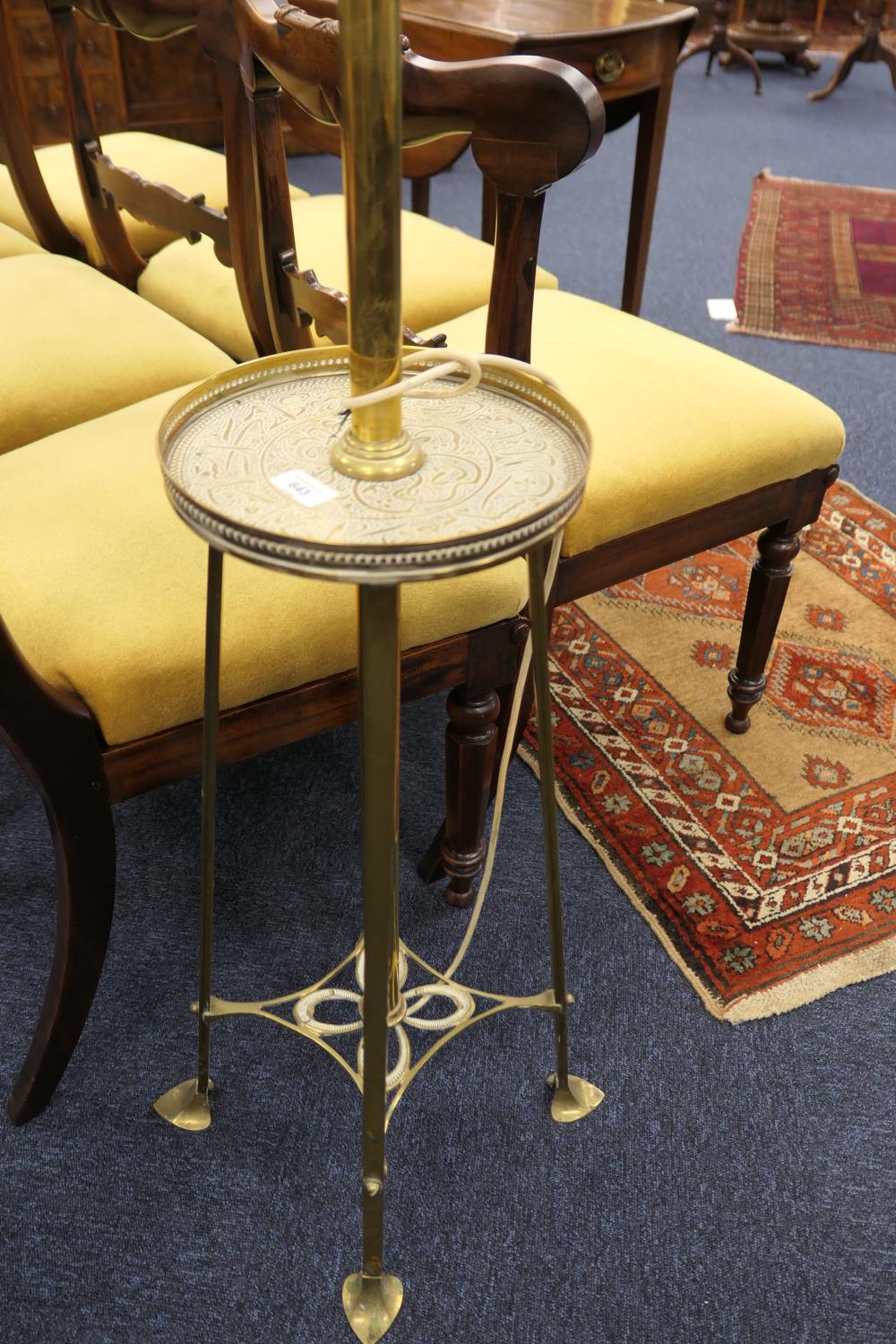 Edwardian brass extending standard lamp, centred with a galleried circular tray detailed with - Image 6 of 9