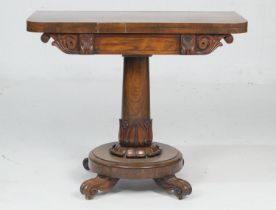 William IV rosewood folding pedestal card table, circa 1835, the top swivelling over an acanthus