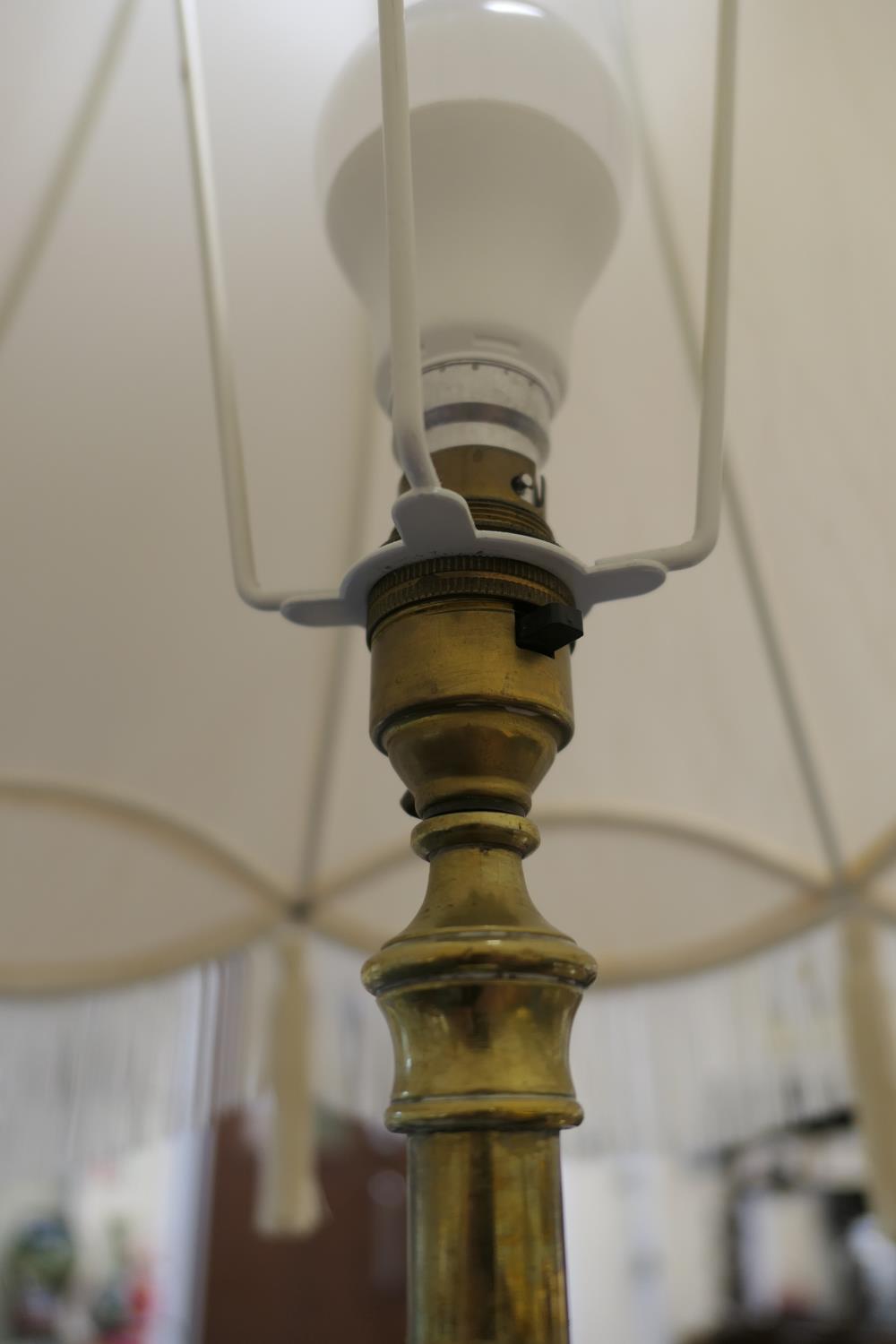 Edwardian brass extending standard lamp, centred with a galleried circular tray detailed with - Image 9 of 9