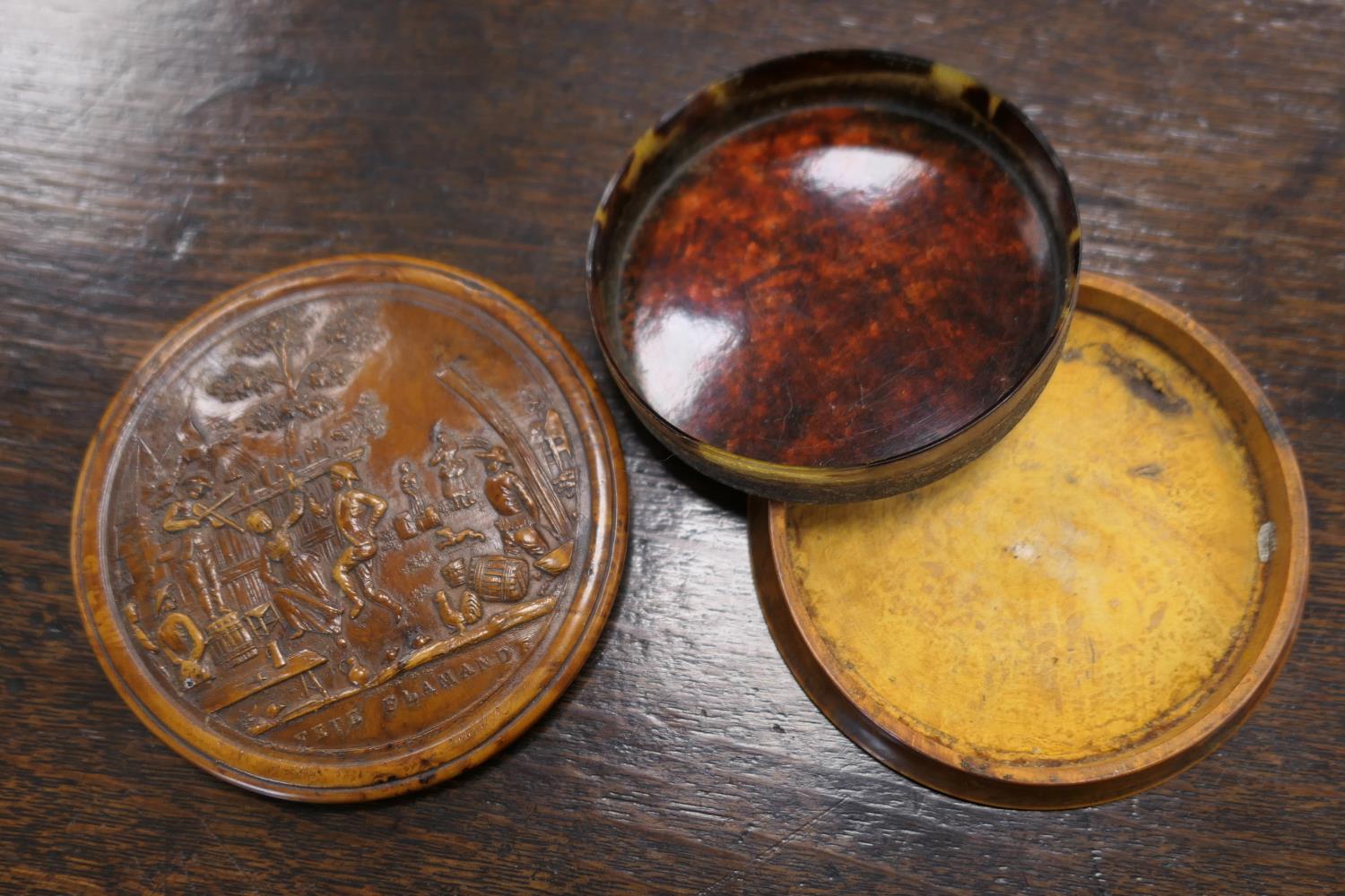 Pressed burr wood circular snuff box, 19th Century, the cover decorated with a scene of revellers, - Image 5 of 8