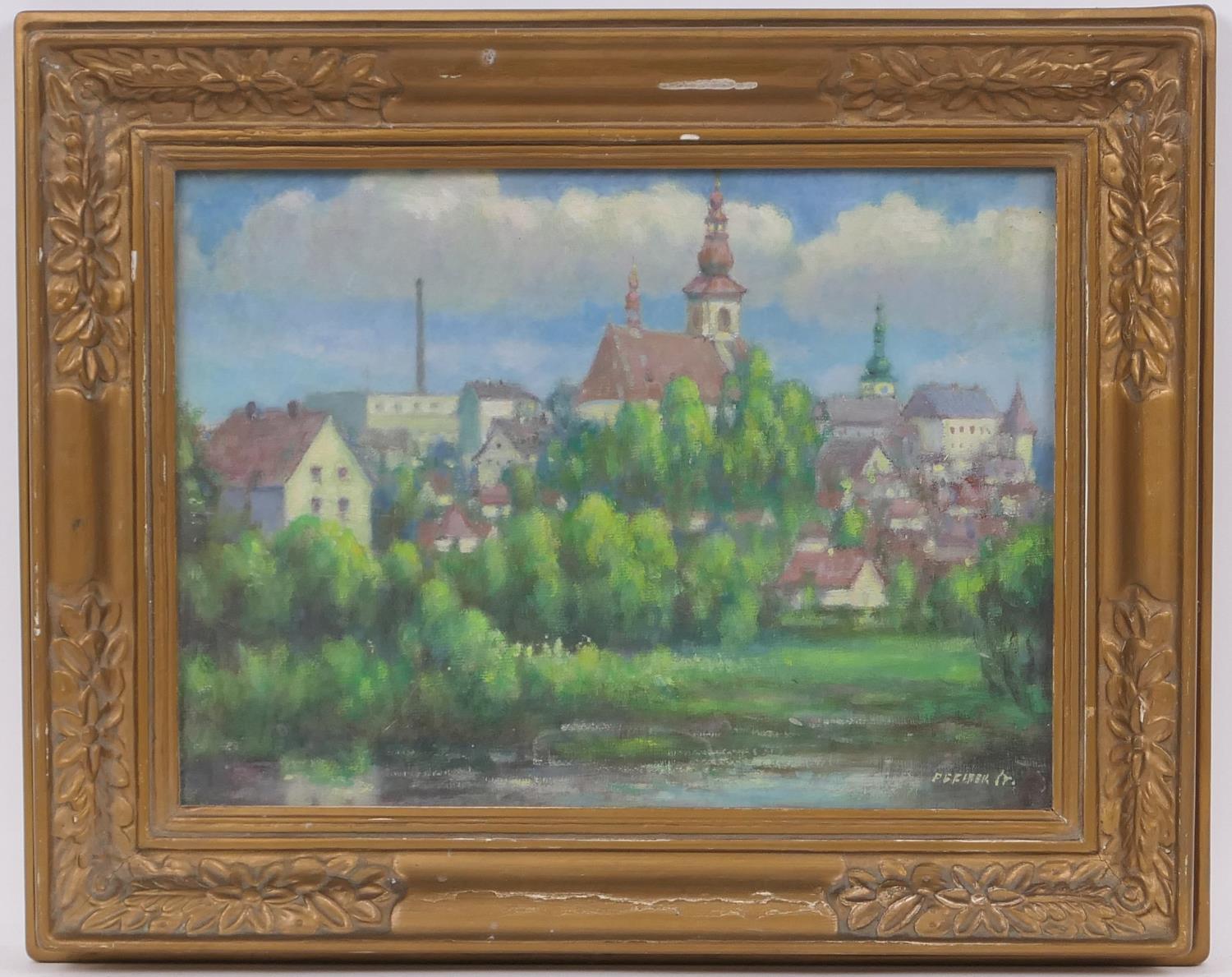 Czechoslovakian School (Mid 20th Century), View of a town, oil on board, indistinctly signed, 29cm x