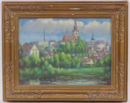 Czechoslovakian School (Mid 20th Century), View of a town, oil on board, indistinctly signed, 29cm x